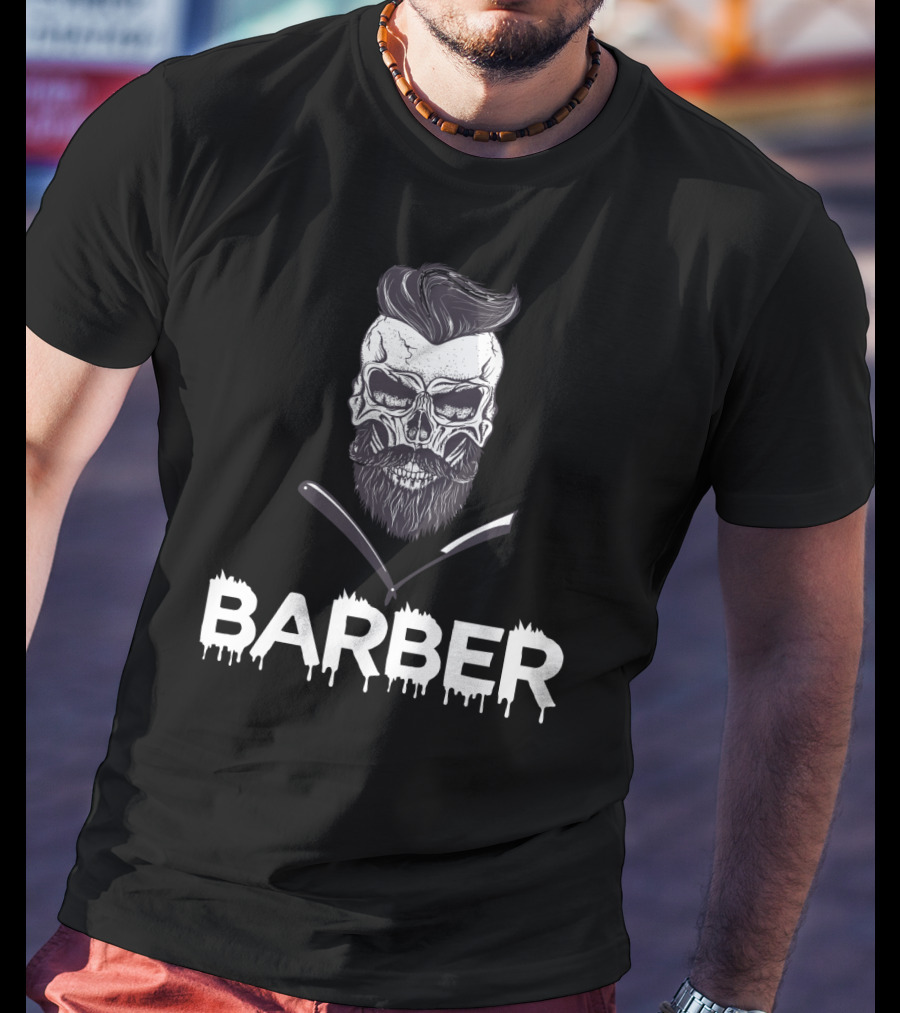 Barber Skull With Straight Razors Halloween Hairstylist T-Shirt