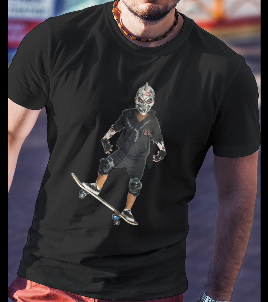 Halloween Costume Party Boy With Skull Mask On Skateboard T-Shirt