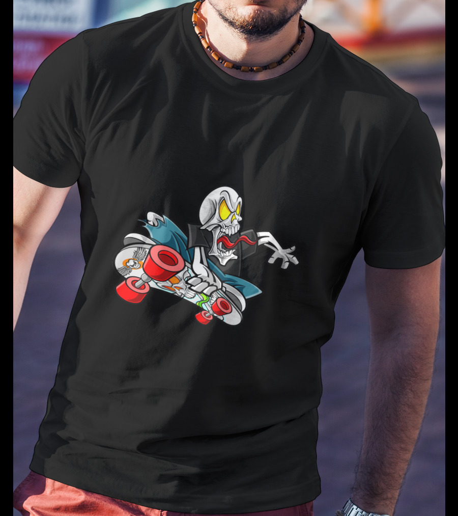 Halloween Skull Skateboarder With Red Wheels And Yellow Eyes T-Shirt