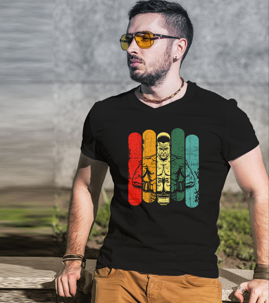 Retro Boxing Champion With Bold Multicolor Stripes T-Shirt