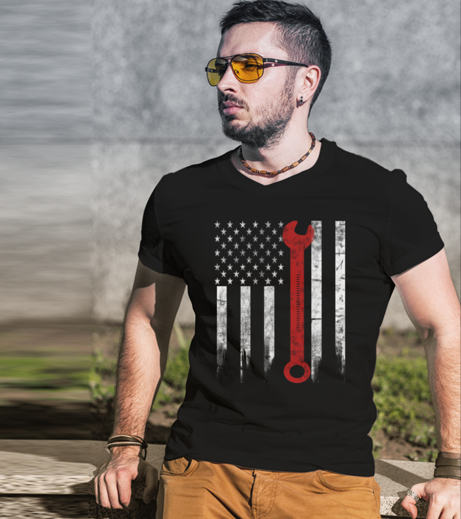 American Flag Wrench Engineer T-Shirt
