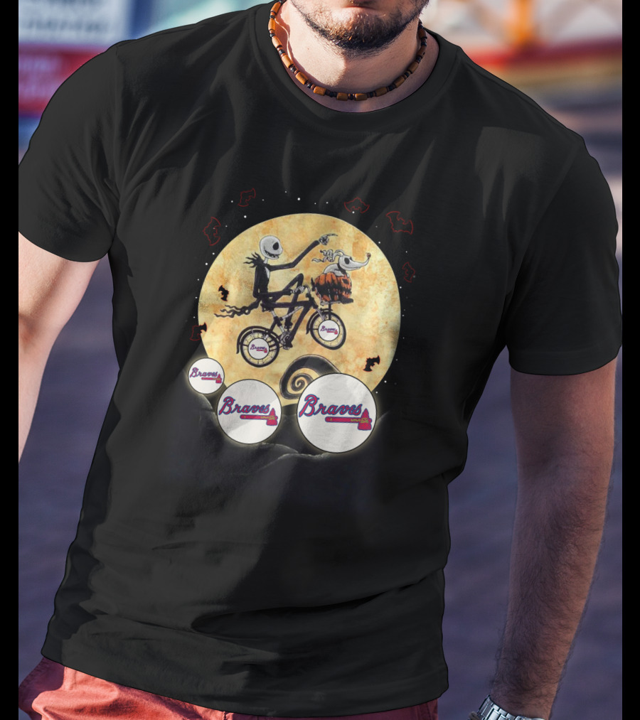 Braves Halloween Moon Bicycle Scene With Skeleton Characters And Pumpkin Dog T-Shirt