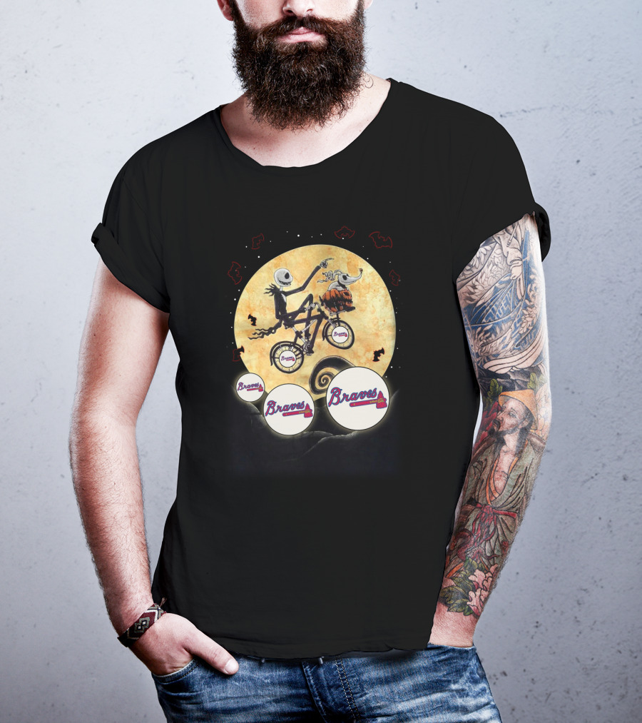 Braves Halloween Moon Bicycle Scene With Skeleton Characters And Pumpkin Dog T-Shirt