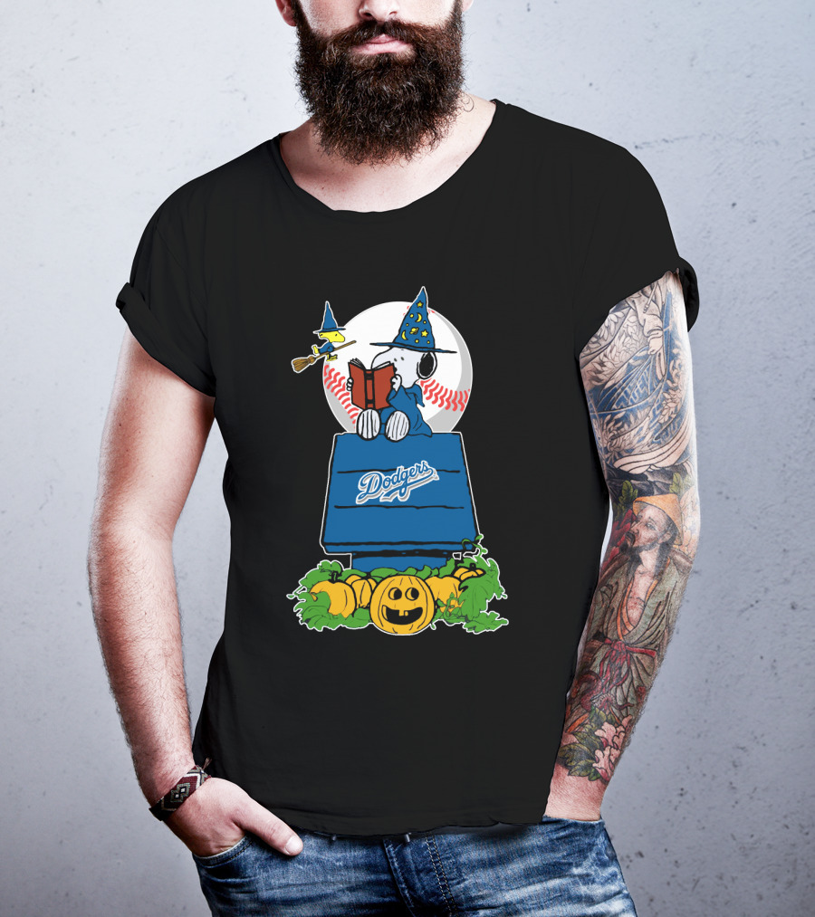 Halloween Dodgers Snoopy Wizard With Woodstock And Pumpkins T-Shirt