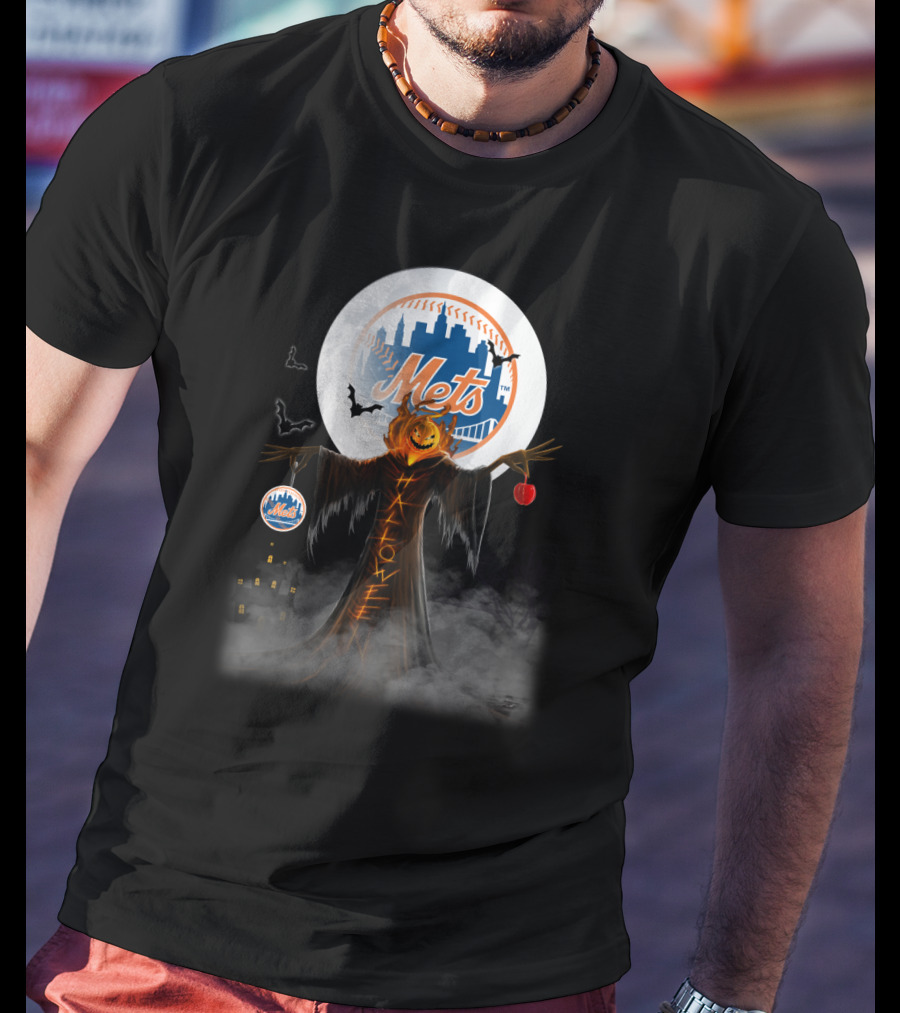 New York Mets Pumpkin Head Halloween Theme With Moon, Bats, And Spooky Castle T-Shirt