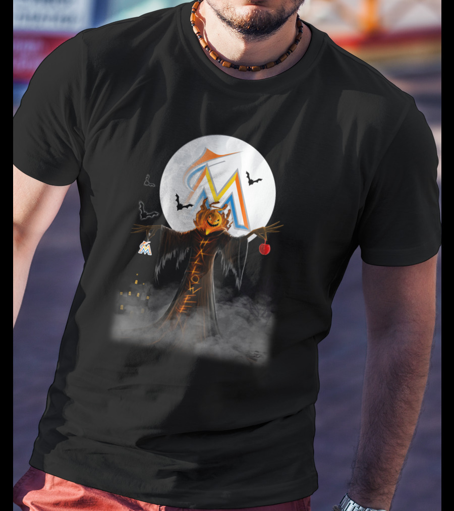 Halloween Miami Marlins Pumpkin Moon Bats And Haunted Castle T-Shirt