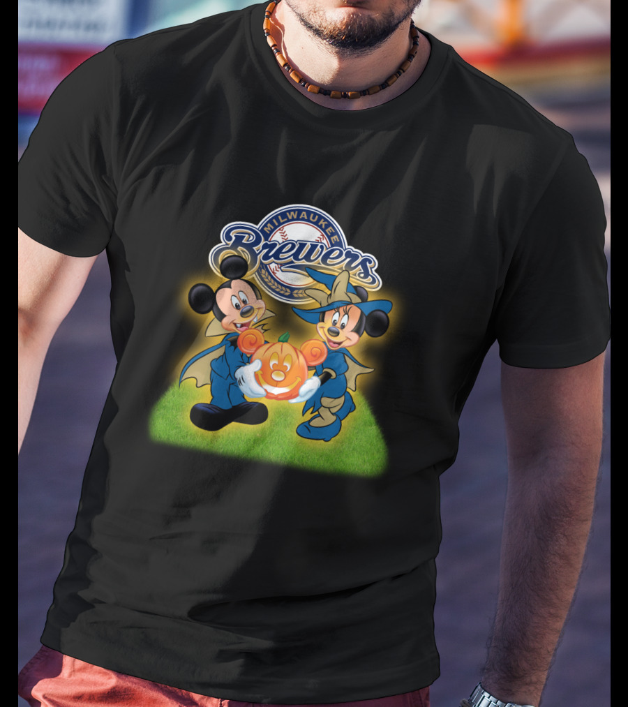 Milwaukee Brewers Halloween Mickey Mouse And Minnie Pumpkin T-Shirt