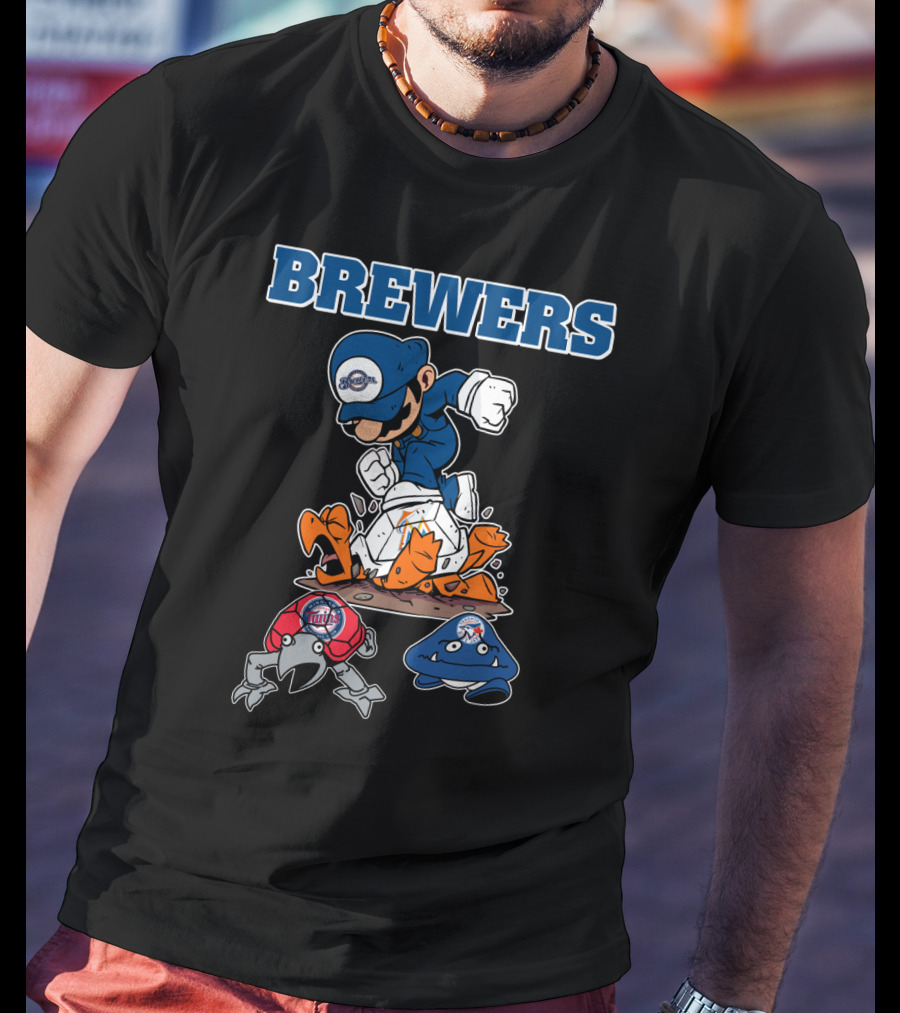 Brewers Cartoon Character In Blue Cap Stomping Orange And Red Creatures T-Shirt
