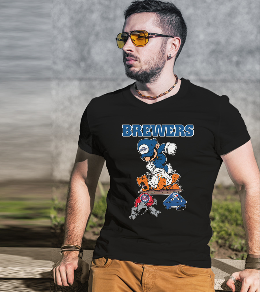 Brewers Cartoon Character In Blue Cap Stomping Orange And Red Creatures T-Shirt