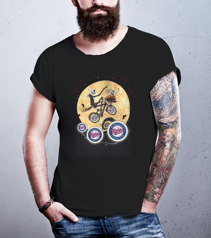 Minnesota Twins Halloween Featuring Iconic Skeleton Biking Under Full Moon With Team T-Shirt