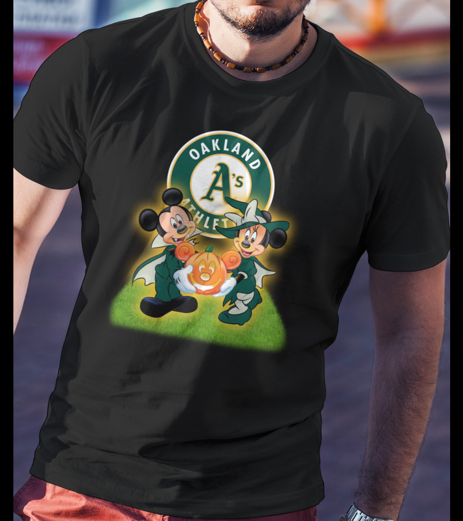 Oakland Athletics Halloween Mickey And Minnie With Pumpkin T-Shirt