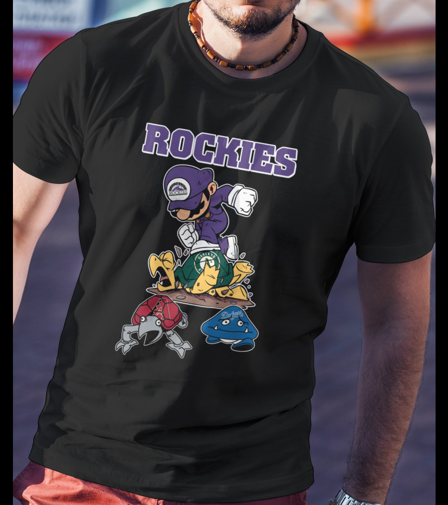 Rockies Character Action With Opponents In Green Yellow Red Blue Gear T-Shirt