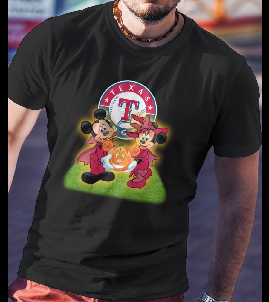 Texas Rangers Halloween Mickey And Minnie With Pumpkin T-Shirt