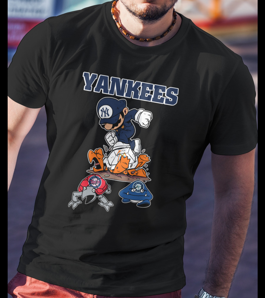 Yankees Cartoon Character In New York Baseball Cap Stomping Rival Mascots T-Shirt