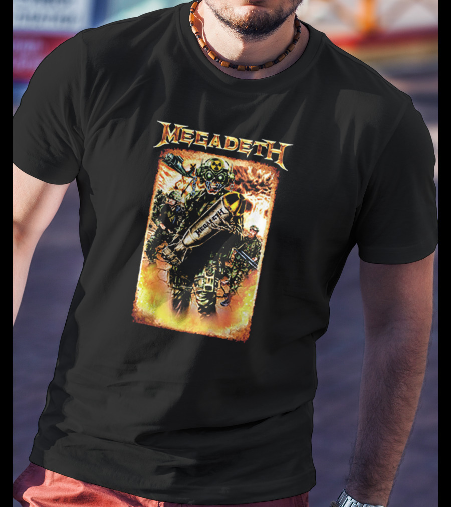 Megadeth Soldiers Holding Bomb With Radiation Symbol In Fiery T-Shirt