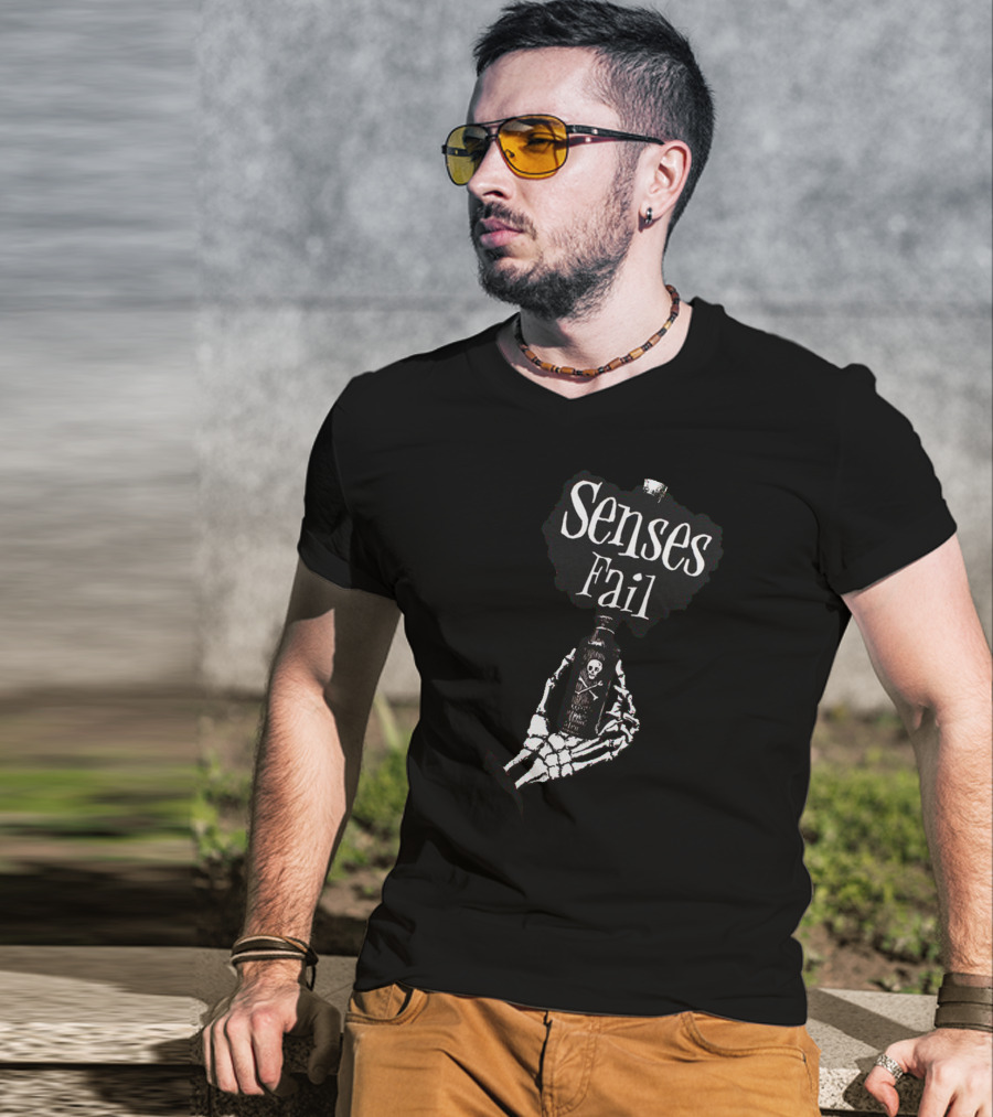 Senses Fail Skeleton Hand Holding Poison Bottle T-Shirt