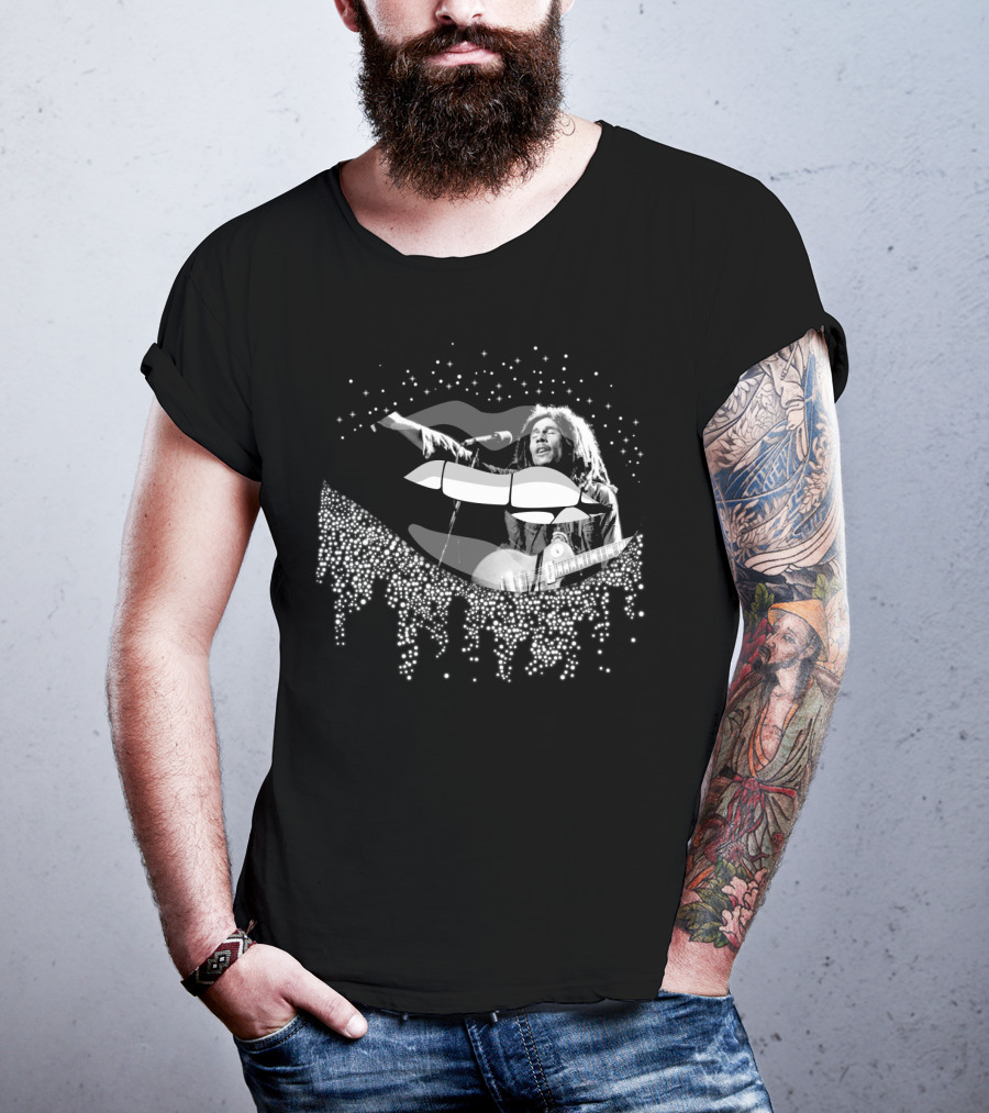 Bob Marley Black And White Lips With Guitar And Sparkle T-Shirt
