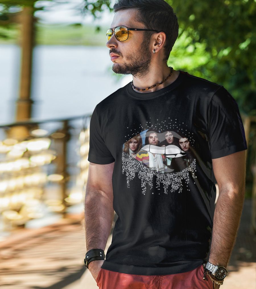 Queen Dripping Glitter Lips Iconic Rock Band Members T-Shirt