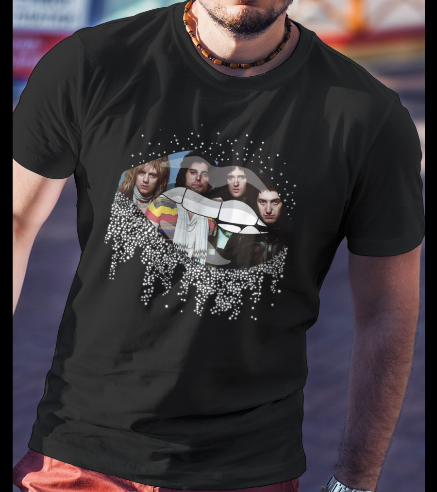 Queen Dripping Glitter Lips Iconic Rock Band Members T-Shirt