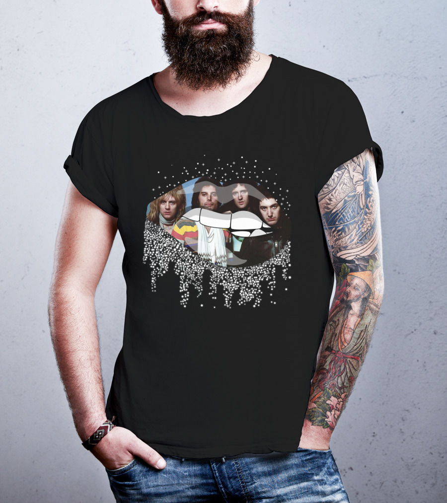 Queen Dripping Glitter Lips Iconic Rock Band Members T-Shirt