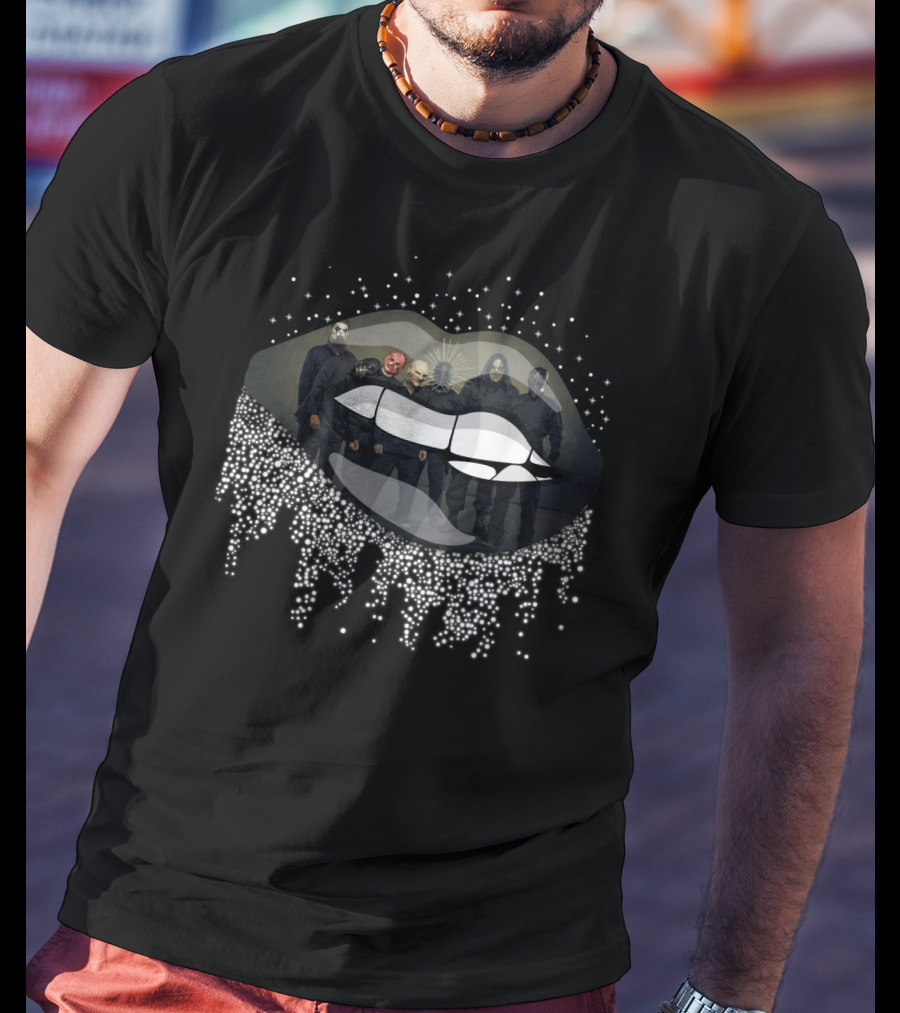 Slipknot Band Members In Dripping Lips Design With Masks And Dark T-Shirt