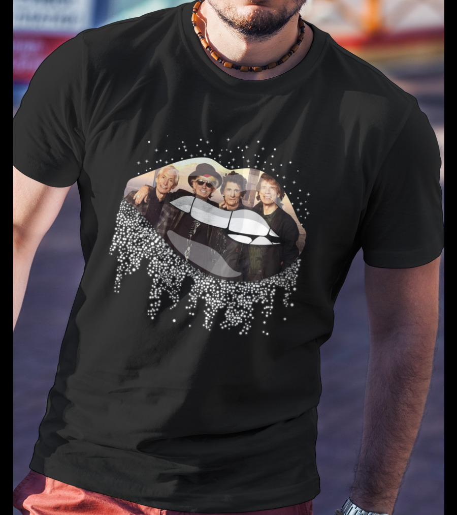 The Rolling Stones Classic Band Photo With Iconic Tongue And Lips Dripping T-Shirt