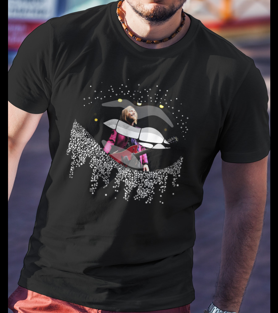 Tom Petty Lips Black White Dots Guitar Rockstar T-Shirt