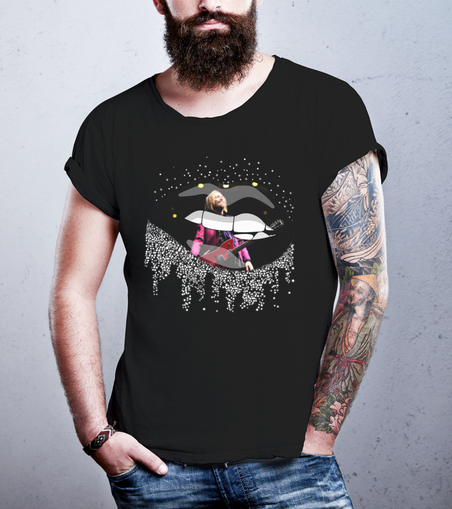 Tom Petty Lips Black White Dots Guitar Rockstar T-Shirt