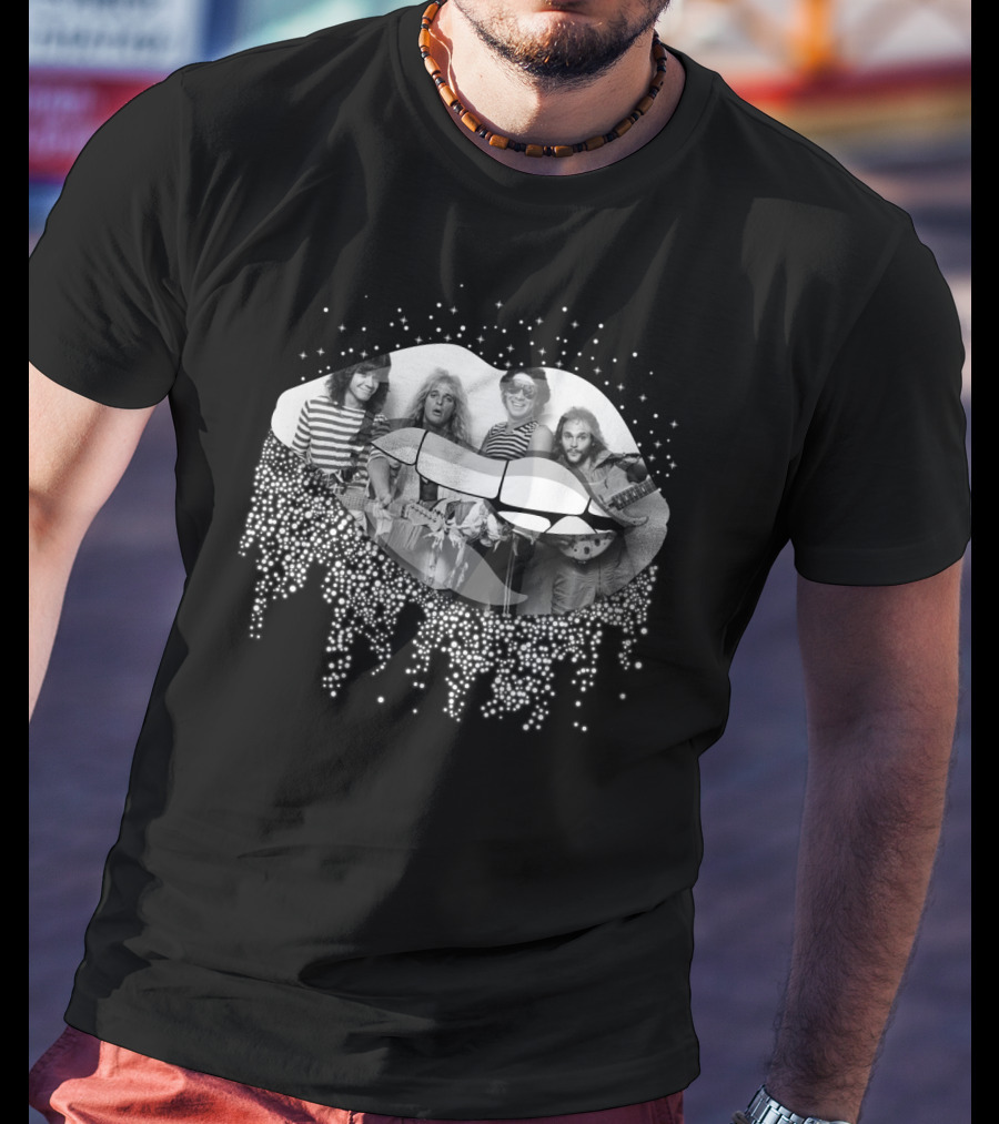 Van Halen Black And White Band Members With Dripping Lips Art T-Shirt