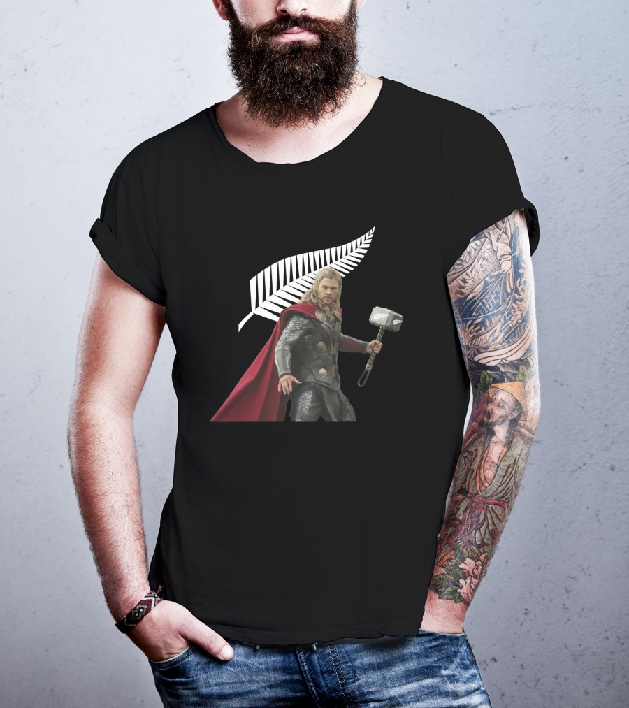 All Blacks Thor With Silver Fern And Hammer T-Shirt