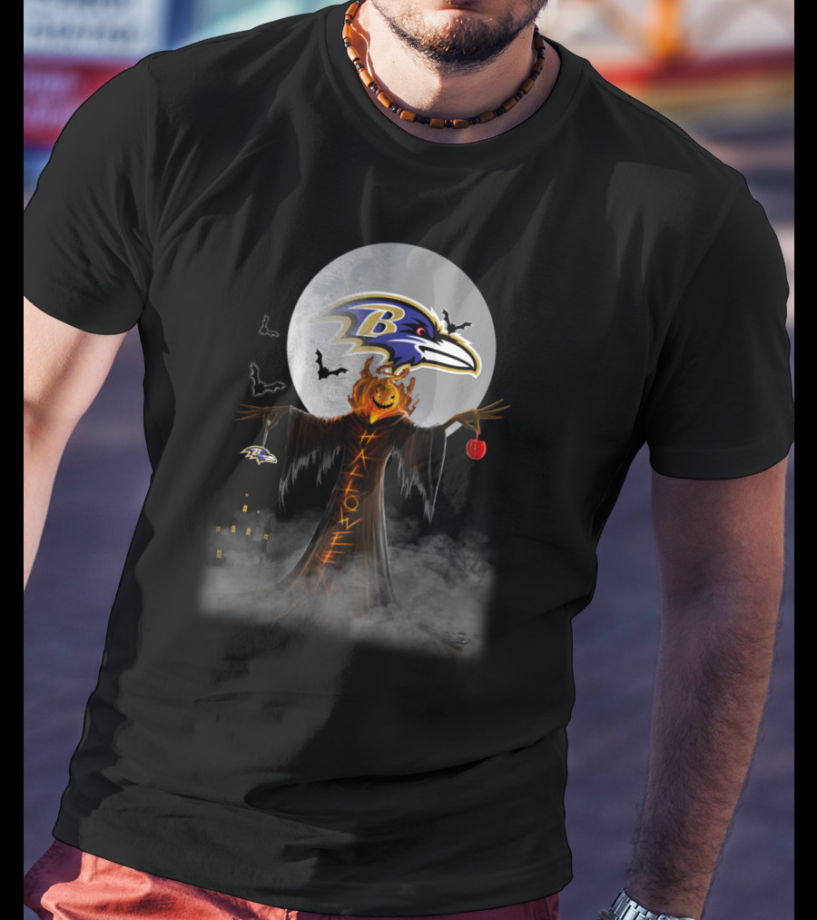 Baltimore Ravens Halloween Moon With Scarecrow And Pumpkin Head T-Shirt
