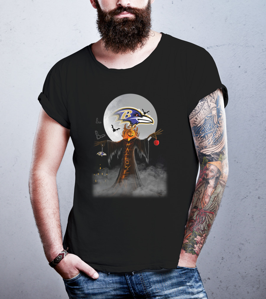 Baltimore Ravens Halloween Moon With Scarecrow And Pumpkin Head T-Shirt