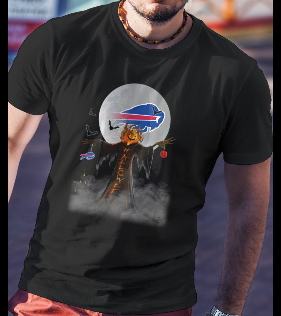 Buffalo Bills Halloween Moon Pumpkin Buffalo Logo Bats Haunted House T-Shirt