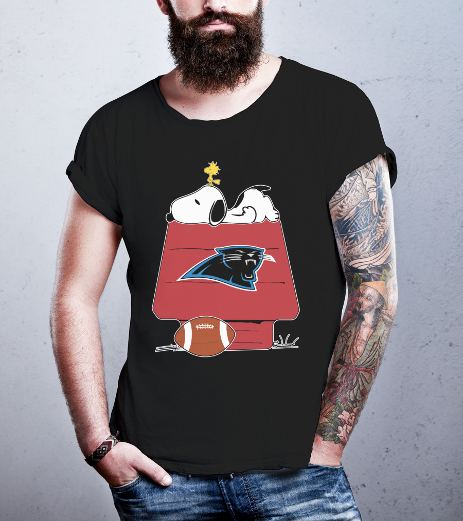 Snoopy And Woodstock On Doghouse With Carolina Panthers Logo And Football T-Shirt