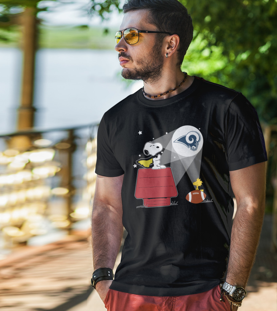 Snoopy And Woodstock With Los Angeles Rams Football Beam T-Shirt