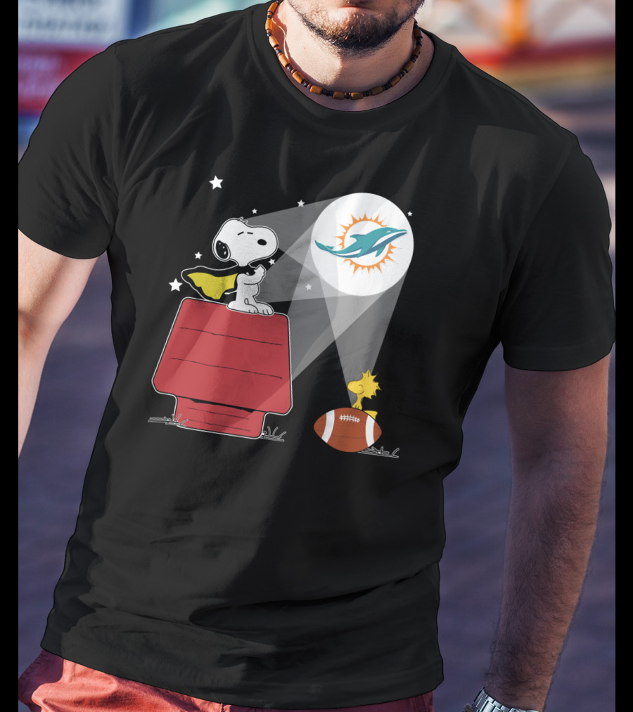 Snoopy And Woodstock Miami Dolphins Football Fan Spotlight T-Shirt