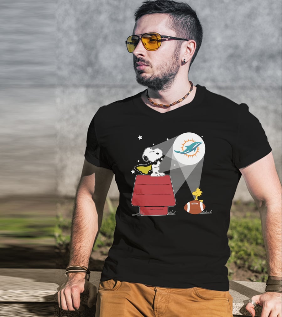 Snoopy And Woodstock Miami Dolphins Football Fan Spotlight T-Shirt