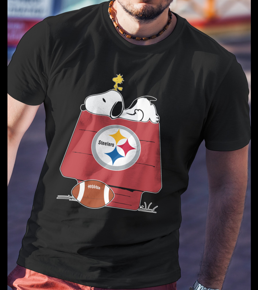 Snoopy And Woodstock With Pittsburgh Steelers Logo And Football On Doghouse T-Shirt