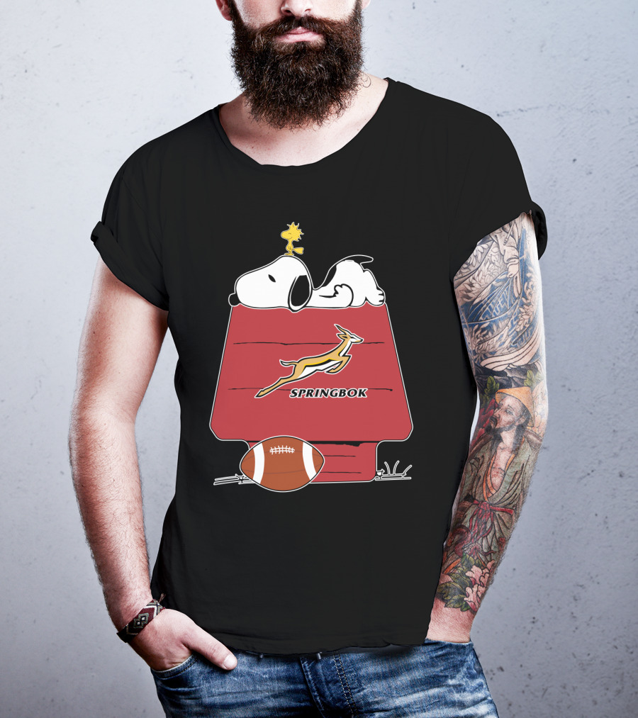 Snoopy Springbok Rugby House With Football And Woodstock T-Shirt
