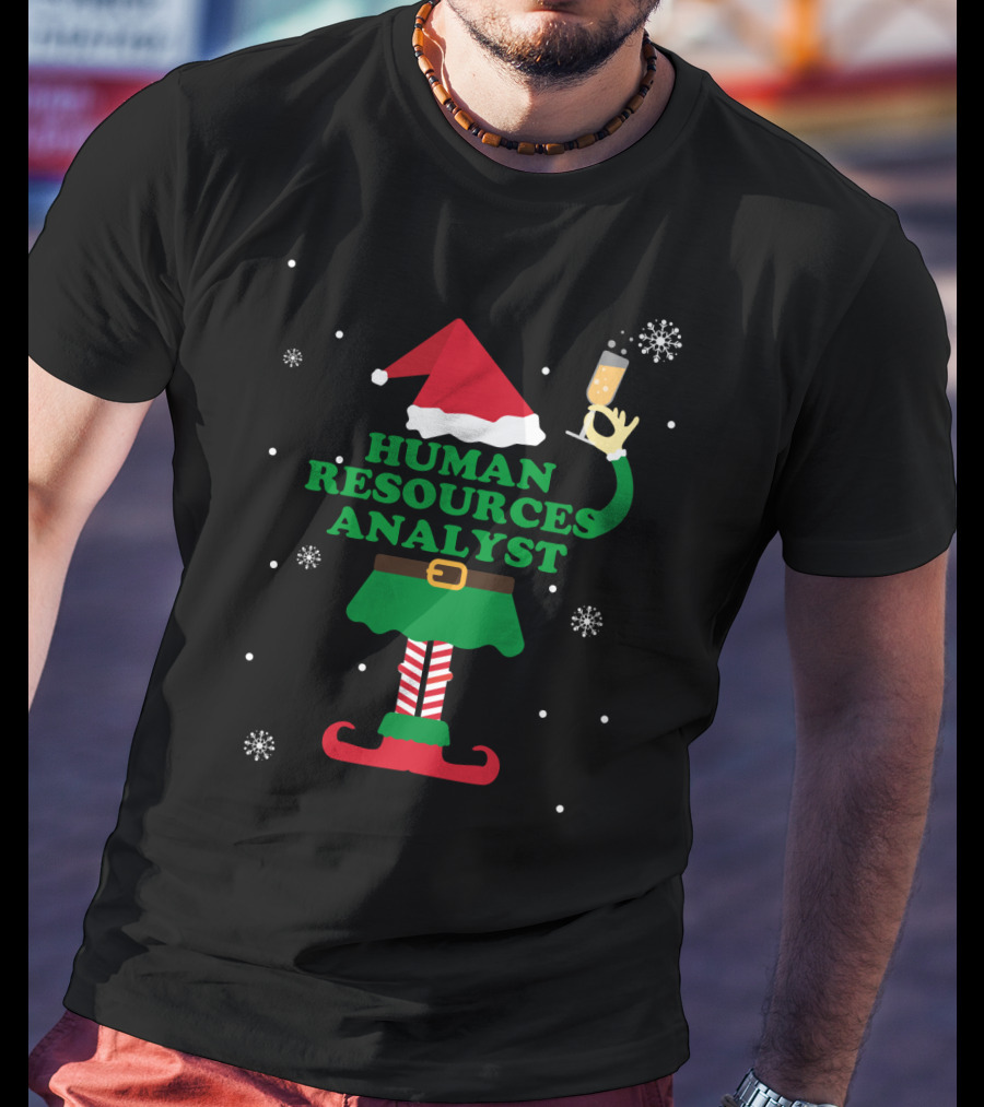 Human Resources Analyst Elf With Champagne Holiday Theme Snowflakes T-Shirt