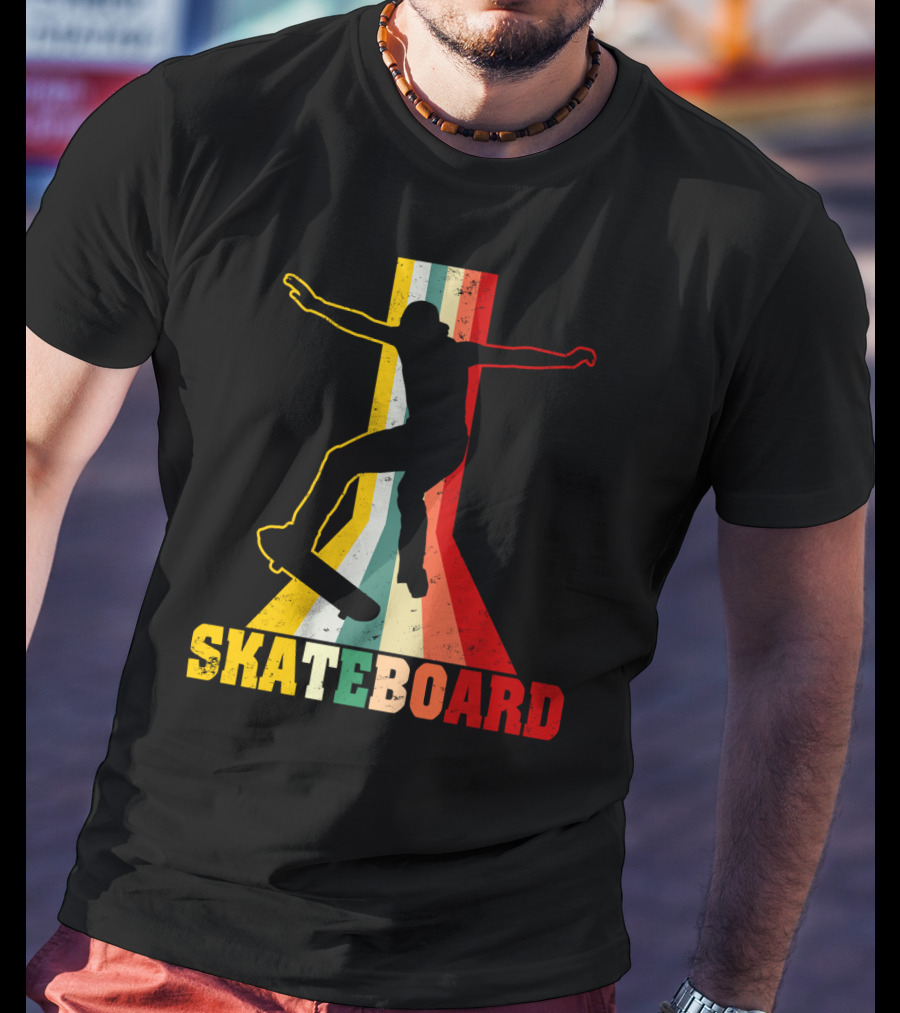 Retro Skateboard Silhouette With Vintage Color Stripes T-Shirt