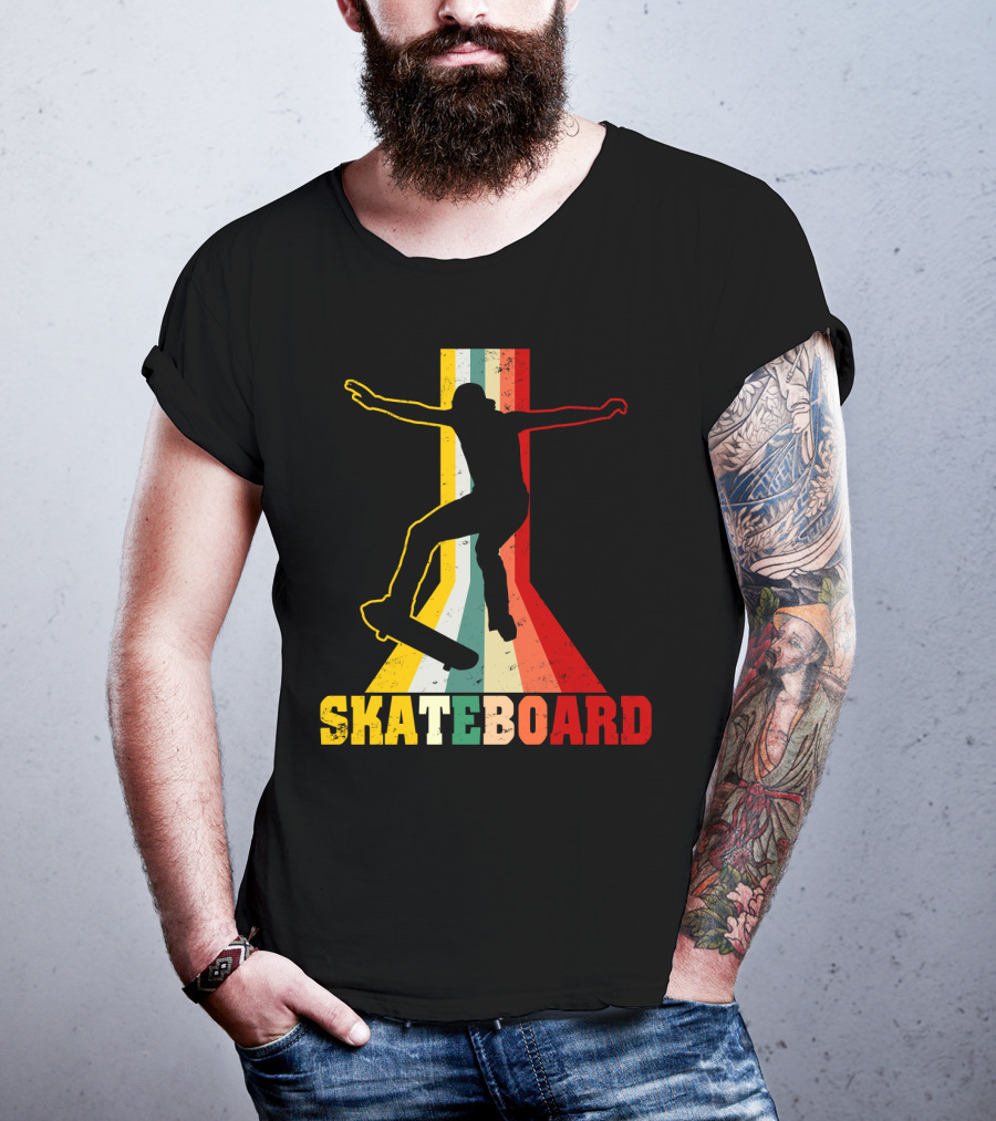 Retro Skateboard Silhouette With Vintage Color Stripes T-Shirt