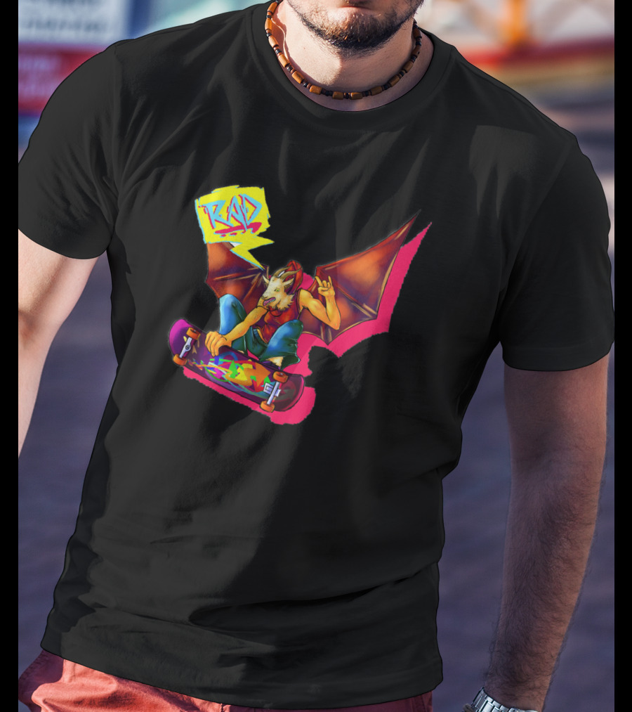 RAD Bat-Winged Skateboarder With Neon Graffiti Aesthetic T-Shirt