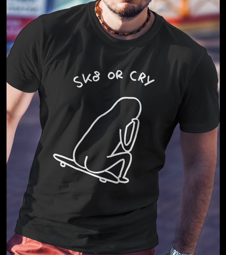 Sk8 Or Cry Minimalist Outline Sitting Figure On Skateboard T-Shirt