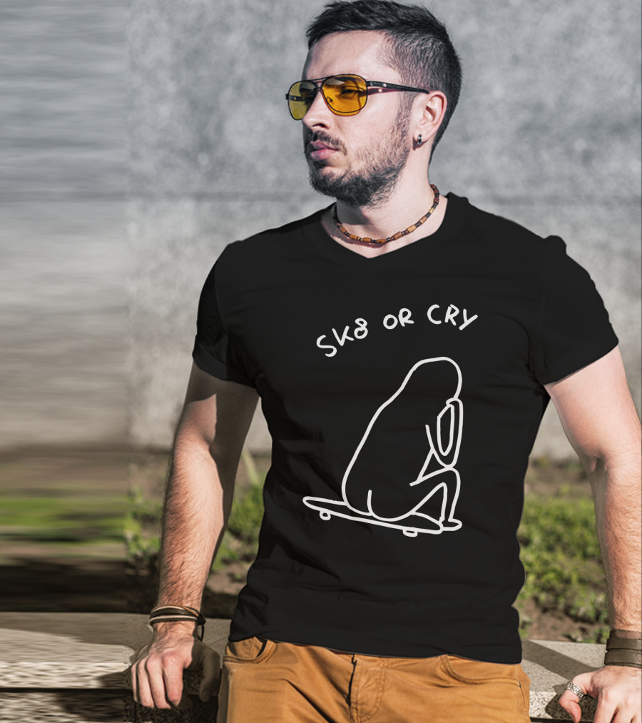 Sk8 Or Cry Minimalist Outline Sitting Figure On Skateboard T-Shirt