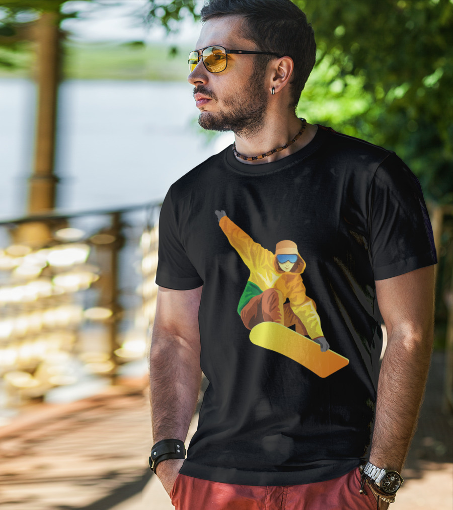 Snowboard Enthusiast In Vibrant Orange And Green T-Shirt