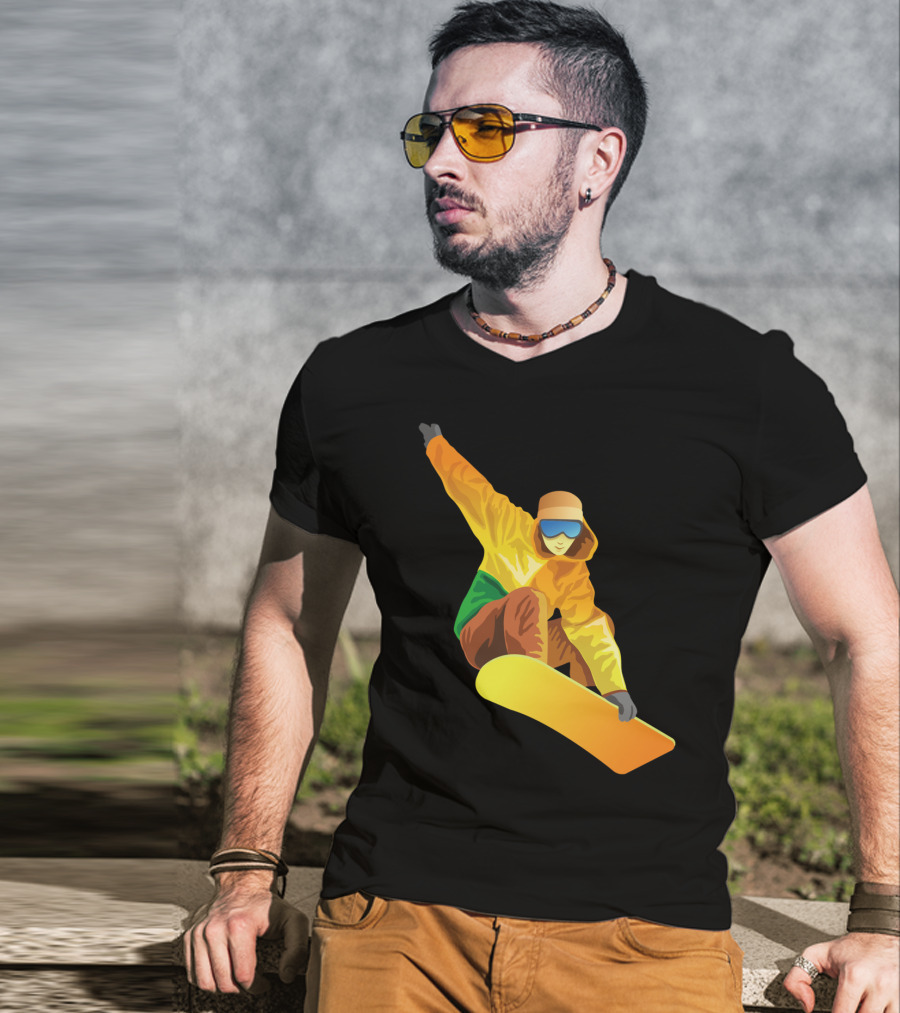 Snowboard Enthusiast In Vibrant Orange And Green T-Shirt
