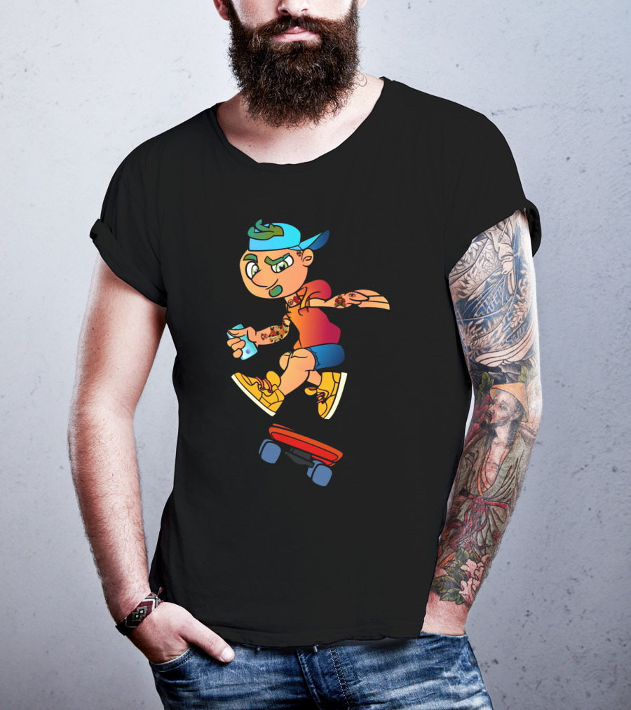 Skaterboi Colorful Cartoon Character With Cap And Skateboard T-Shirt