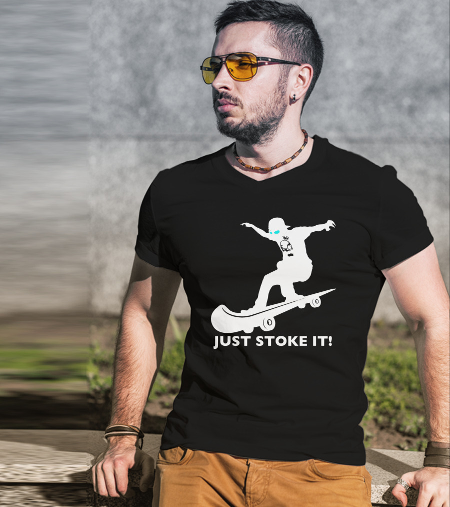 JUST STOKE IT Skateboarding Silhouette Skull T-Shirt