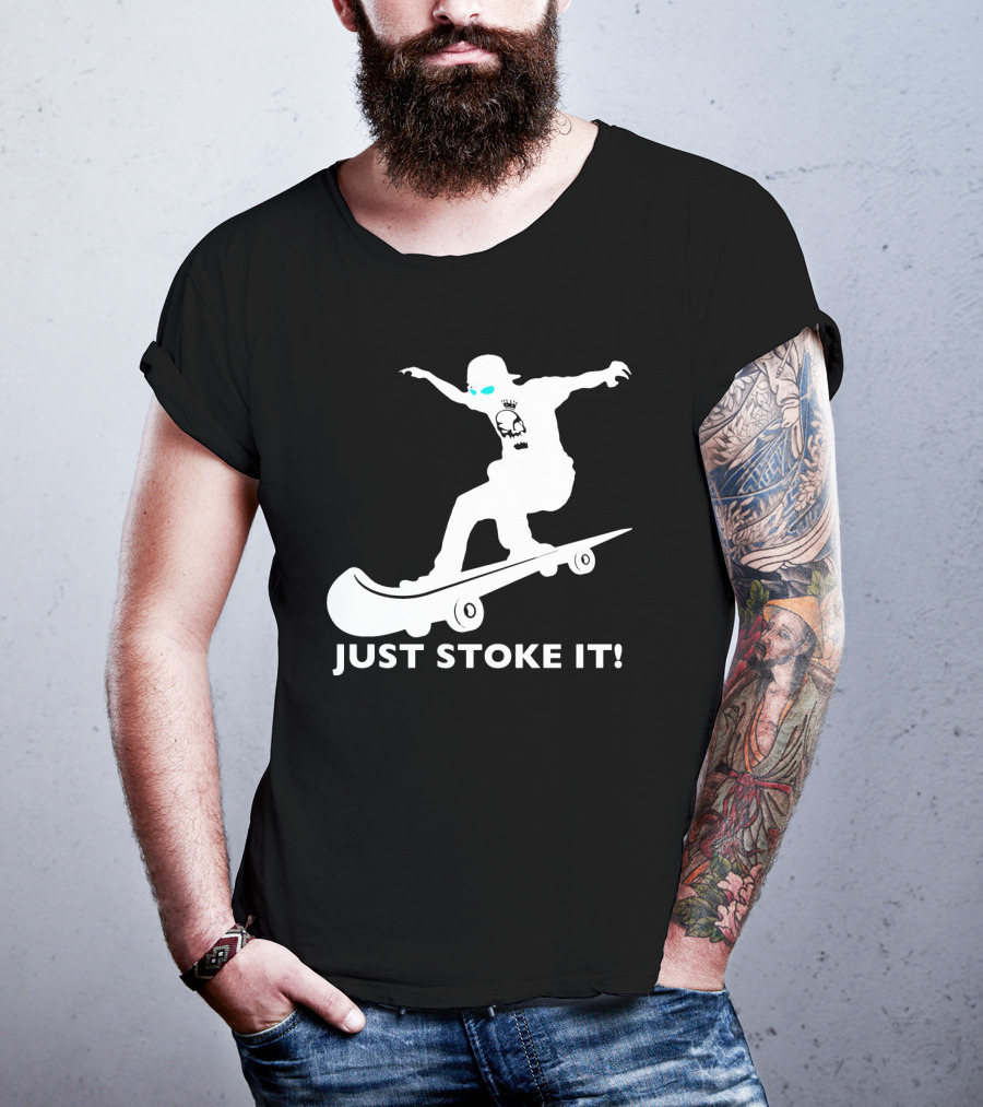 JUST STOKE IT Skateboarding Silhouette Skull T-Shirt